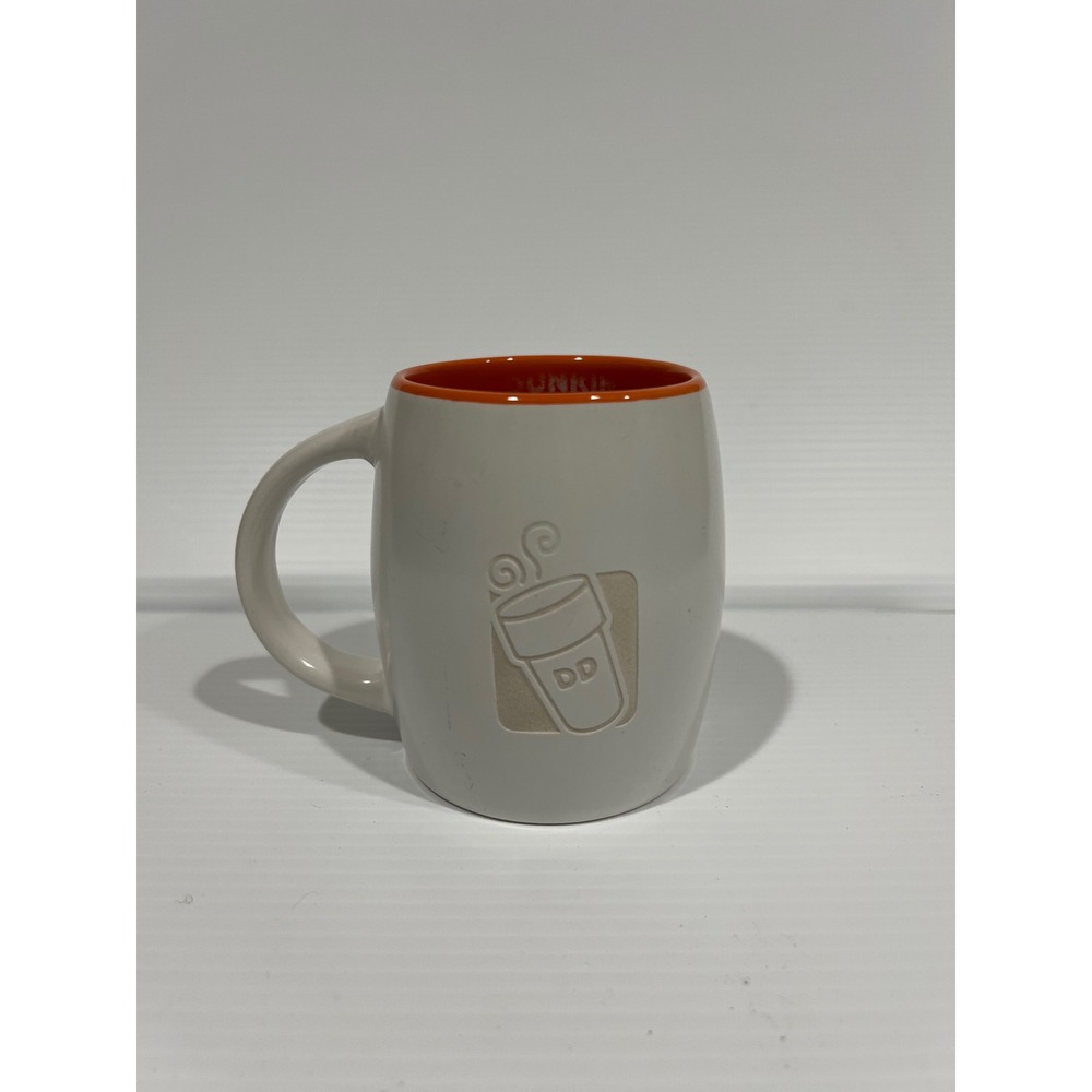 Dunkin Donuts 2012 Engraved Coffee Mug 14oz White Orange Interior Barrel Shape